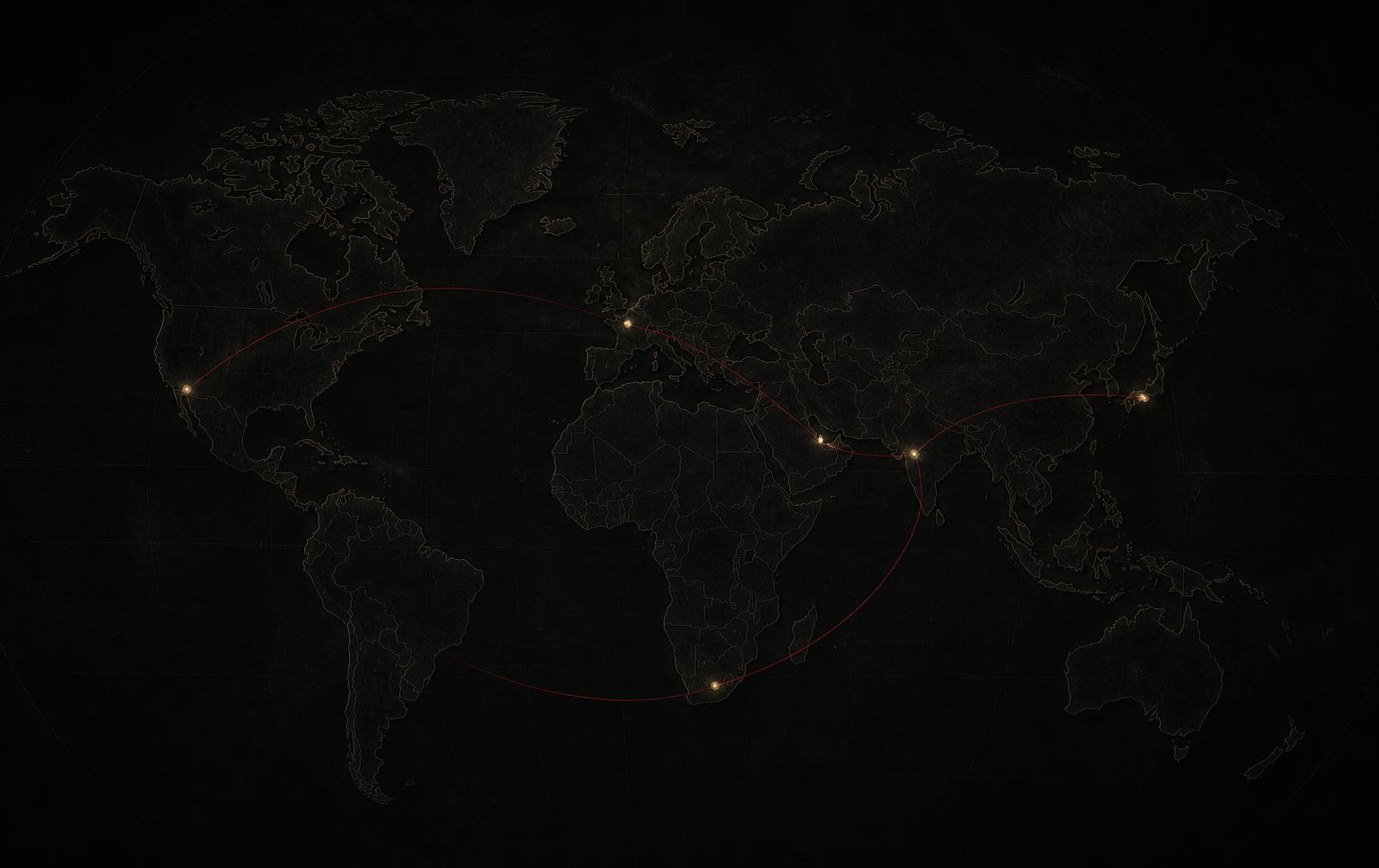 A dark strategic infrastructure map showing restrained landmasses, a faint graticule and a small number of global routes